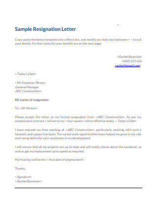 Sample Email Resignation Letter