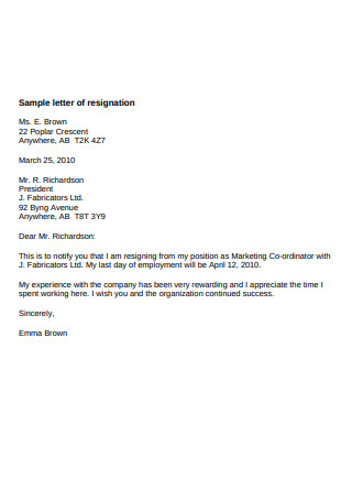 Sample Letter of Job Resignation