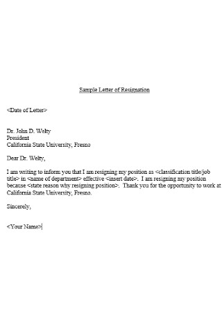 Sample Letter of Resignation 