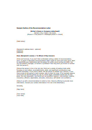 Sample Outline of the Recommendation Letter