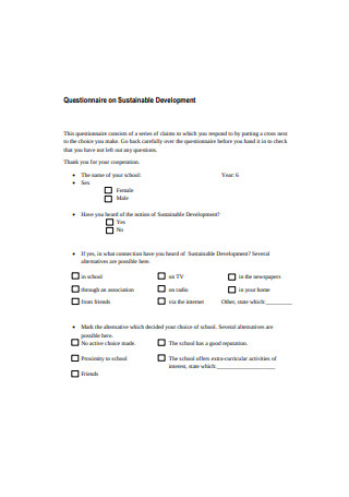 Sample Questionnaire on Sustainable Development