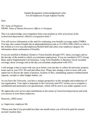 Sample Resignation Acknowledgement Letter