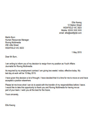 Sample Resignation Notice Letter 