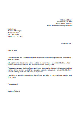 Sample Two Weeks’ Notice Resignation Letter
