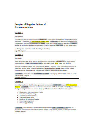 Sample of Supplier Letter of Recommendation