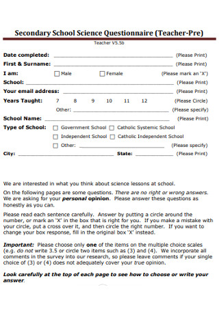 Secondary School Science Questionnaire