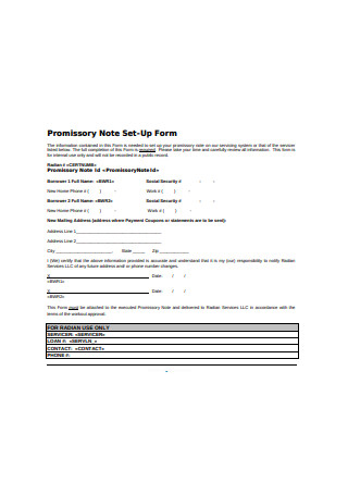 Secured Promissory Note Set Up Form
