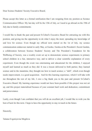 Society Executive Board Science Student Resignation Letter