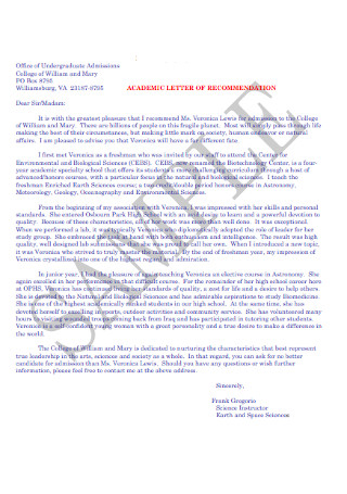 Student Recommendation Letter for College