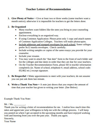 Teacher Letters of Recommendation