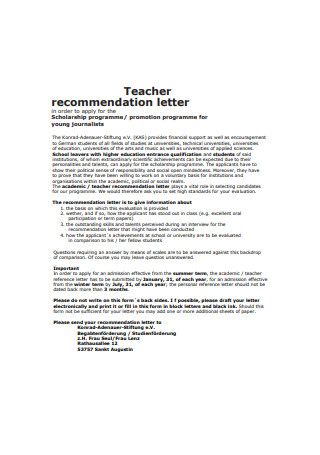Teacher Recommendation Letter