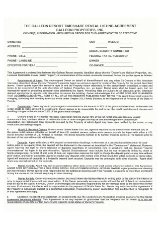 Time Share Rental Listing Agreement