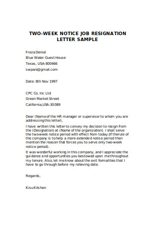Two Week Notice Job Resignation Letter Sample1