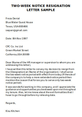 Two Week Notice Resignation Letter Sample