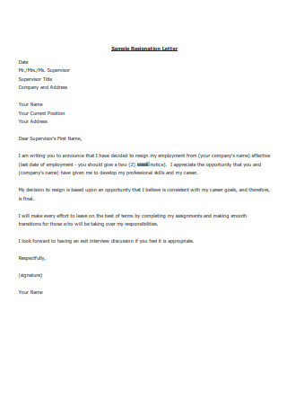 Two Weeks’ Notice Resignation Letter