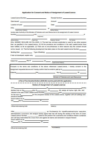 Application for Consent and Notice of Assignment of Lease
