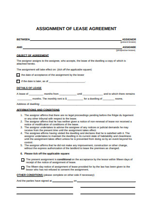 Assignment of Lease Agreement
