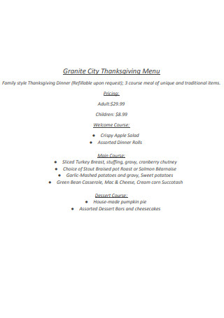 City Thanksgiving Menu