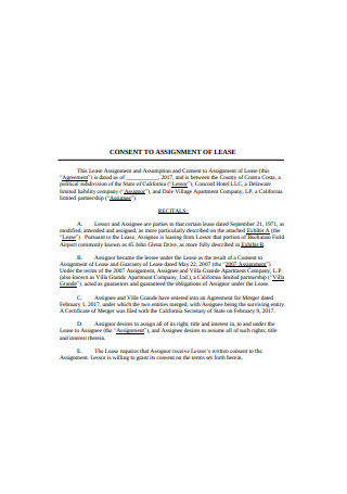 Consent to Assignment of Lease