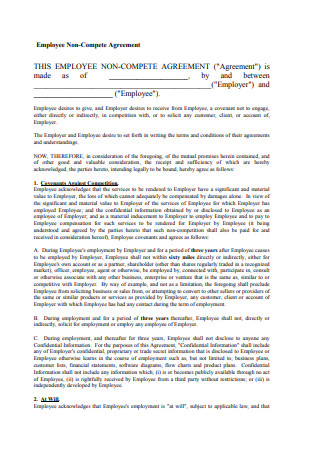 Employee Non Compete Agreement Blank Form