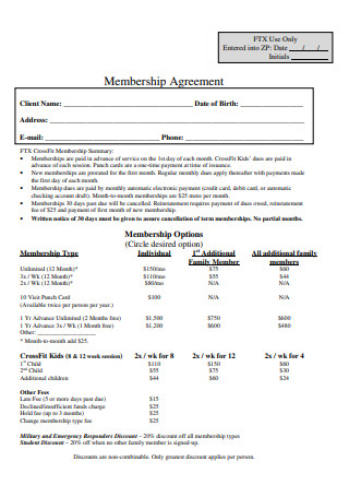 Fitness Membership Agreement Sample