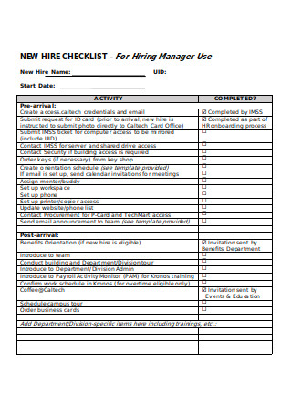 Format of New Hire Checklist 