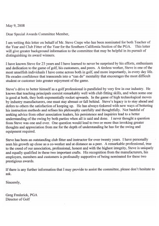 Golfers Club Recommendation Letter