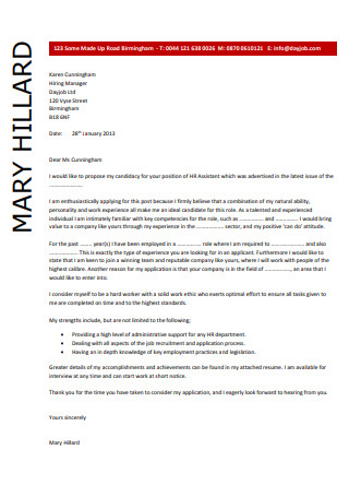HR Assistant Cover Letter
