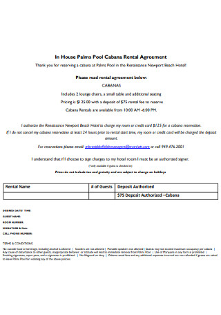 House Palms Pool Cabana Rental Agreement