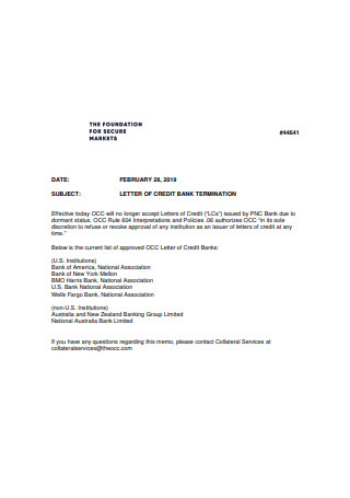 Letter of Credit Bank Termination