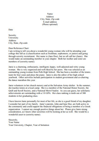 Letter of Support for Sorority