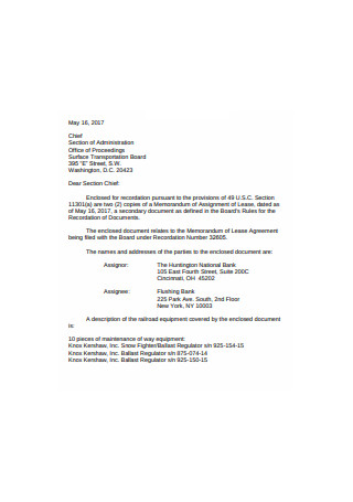 Memorandum of Assignment of Lease