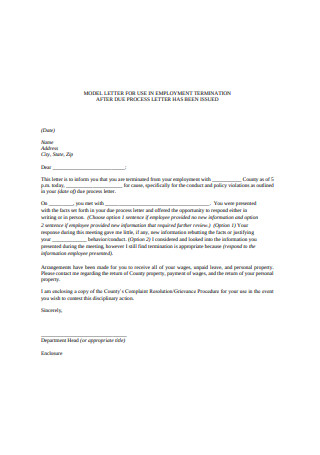 Model Letter for use in Employment Termination