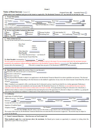 Notice of Rent Increase Form Sample