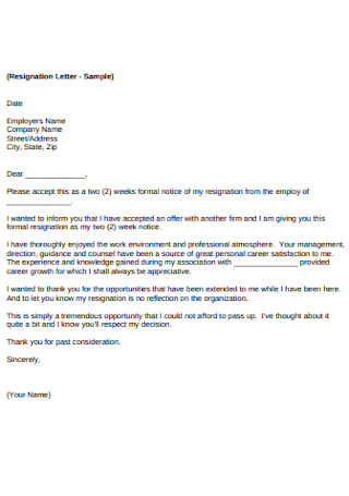 Printable Two Weeks Resignation Letter