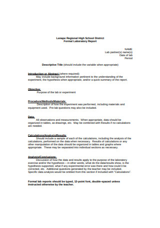 Regional High School Formal Laboratory Report