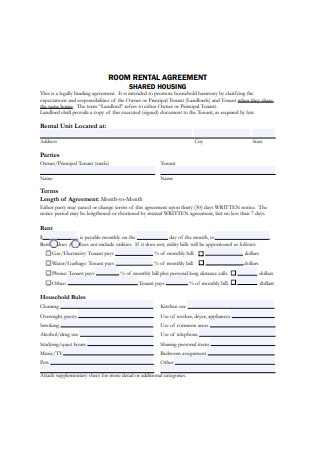 Residential Room Rental Agreement Application Form