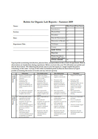 Rubric for Organic Lab Report