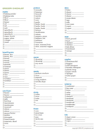Sample Grocery Checklist