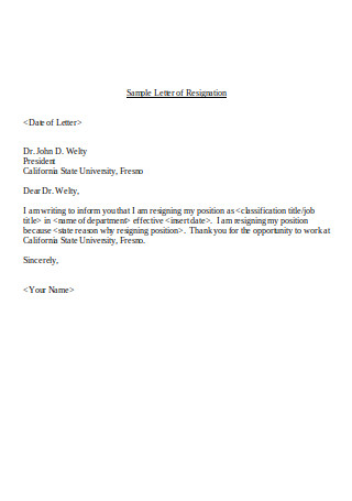 Sample Letter of Resignation Format