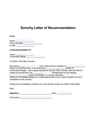Sorority Recommendation Letter Format