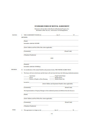 Standard Form of Rental Agreement Application Form