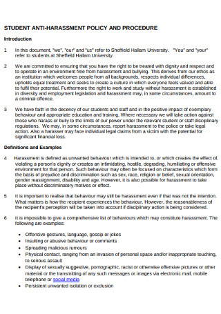Student Anti Harassment Policy