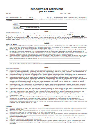 Subcontract Agreement Short Form