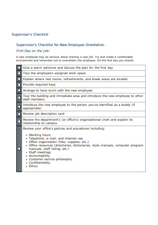 Supervisor Checklist for New Employee Orientation