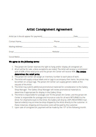 Art Gallery Consignment Agreement Template HQ Printable Documents