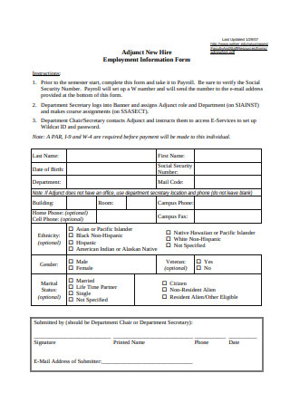 Basic Employment Information Form Example