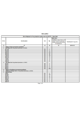 Bill of Material for Fire Protection System Work