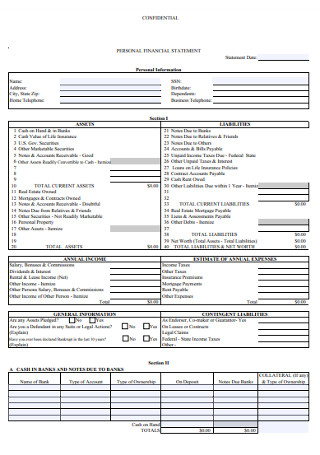 Confidental Personal Financial Statement