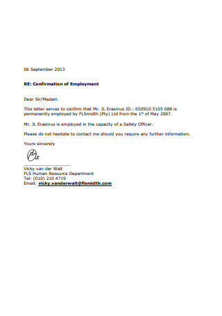Confirmation of Employment Letter Example